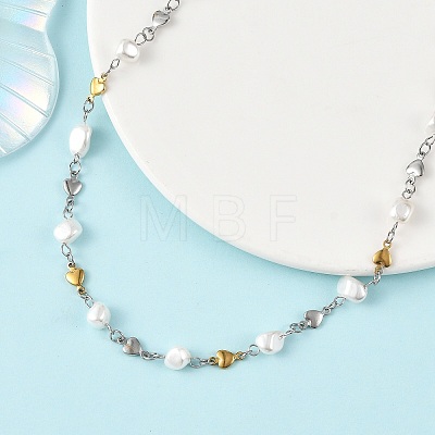 Shell Pearl Nuggets Beads & 304 Stainless Steel Heart Link Chains Necklaces NJEW-JN06363-1