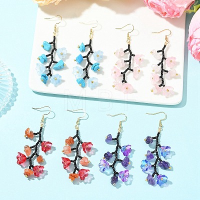 Glass Seed with Natural South Red Agate & Synthetic Turquoise & Natural Rose Quartz Dangle Cluster Earrings EJEW-MZ00726-1