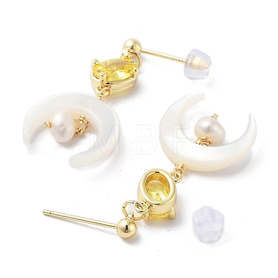 Natural Pearl & Shell Dangle Stud Earrings EJEW-P256-45G-1