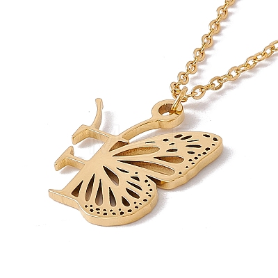 Initial Letter with Butterfly Pendant Necklace LS-NJEW-C026-01G-F-1
