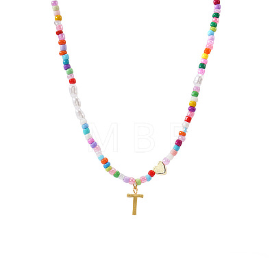 Colorful Beaded Heart Letter Necklace with Pearl Elements Stainless Steel Pendant Jewelry TR2146-20-1