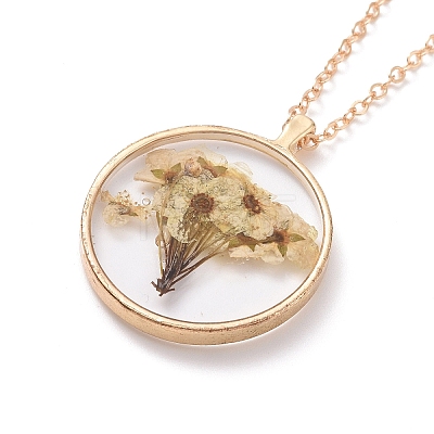 Dry Pressed Real Flower Resin Pendant Necklace NJEW-G088-01KCG-05-1