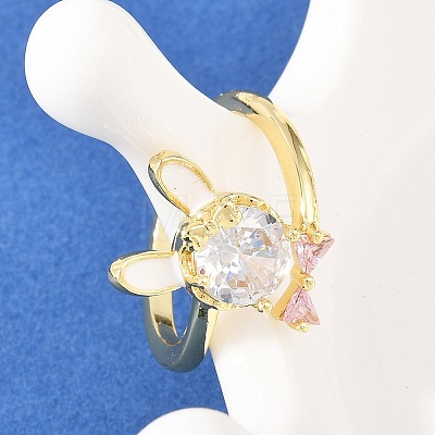 Bunny & Bowknot Brass Micro Pave Cubic Zirconia Cuff Rings for Women RJEW-A088-10G-04-1