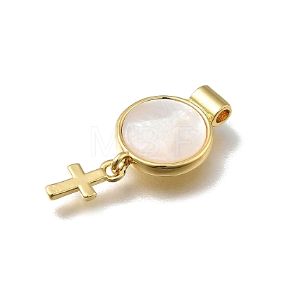 Brass Pave Natural White Shell Flat Round with Cross Pendants KK-C090-40G-1