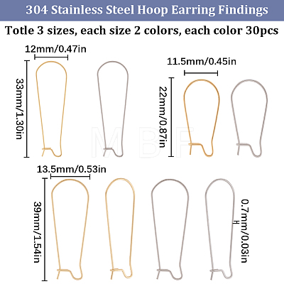 180Pcs 6 Style 304 Stainless Steel Hoop Earring Findings STAS-SC0005-23-1
