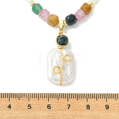 Natural Baroque Keshi Pearl Rectangle Pendant Natural Multicolor Tourmaline Faceted Cube Beaded Necklaces NJEW-JN06247-1