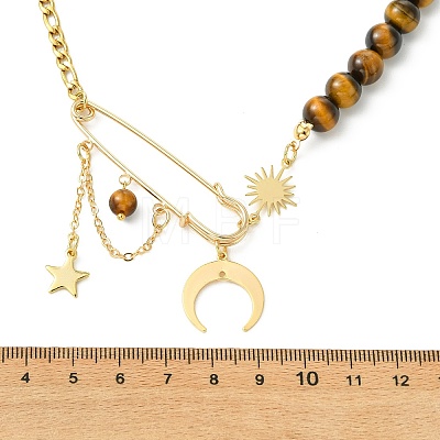 Brass Moon Star Pendant 304 Stainless Steel Figaro Chain and Natural Tiger Eye Round Beaded Necklaces for Women NJEW-TA00238-1