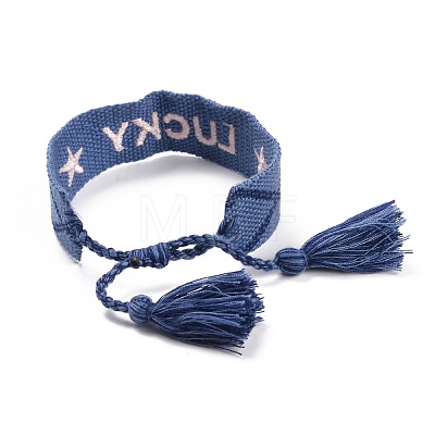 Word Lucky Polycotton(Polyester Cotton) Braided Bracelet with Tassel Charm BJEW-F429-08-1