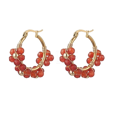 Flower Brass & Natural Carnelian Hoop Earrings EJEW-TA00781-01-1