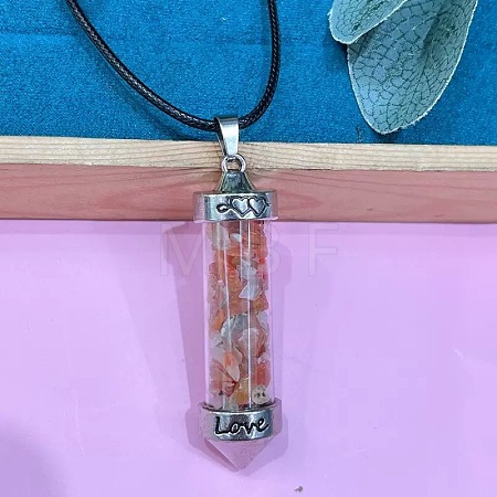 Zinc Alloy with Glass Hexagonal Bottle with Inner Natural Red Agate Chips Pendant Black PU Leather Cord Necklaces ZW0534-17-1