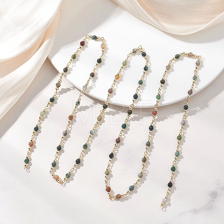 Natural Indian Agate Beaded Round Link Chains AJEW-JB01533-01-1