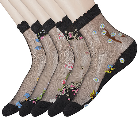 5Pairs Flower Chinlon Glass Silk Socks for Women AJEW-WH20088-007-1