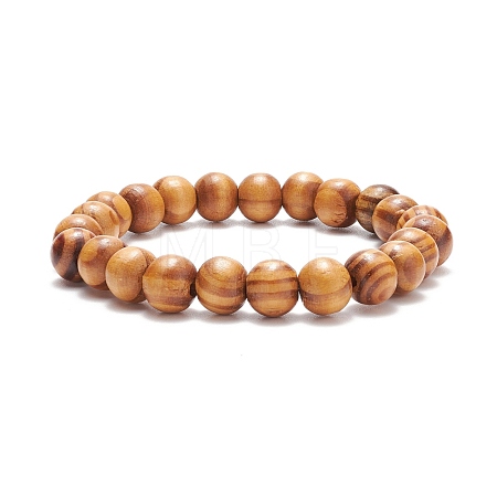 Natural Wood Round Beaded Stretch Bracelet BJEW-JB08214-1