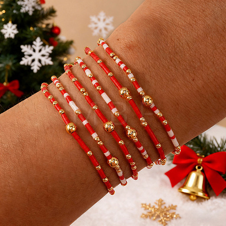6Pcs Handmade Glass Seed Bead & Brass Beads Stretch Bracelets XZ6120-1-1