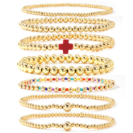 7Pcs Brass Round Beaded Bracelets for Women SB9067-2-1