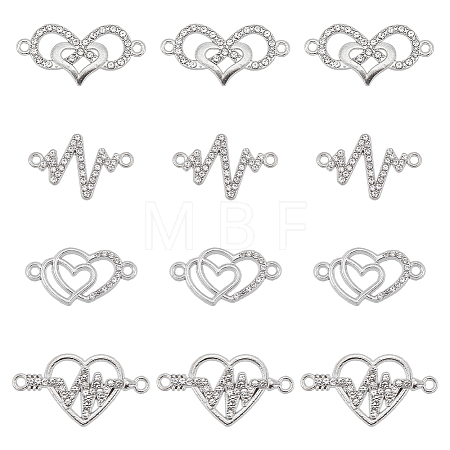 40Pcs 4 Styles Heart Theme Alloy Rhinestone & Cubic Zirconia Connector Charms RB-SC0001-11-1