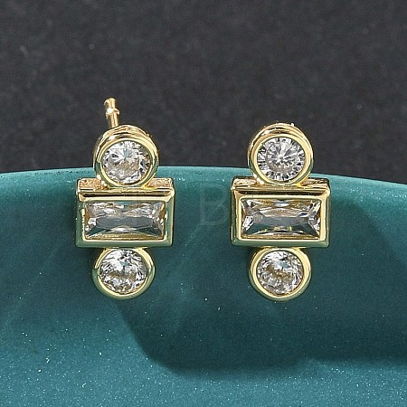 Rectangle with Flat Round Brass Micro Pave Clear Cubic Zirconia Stud Earrings EJEW-G452-12G-1