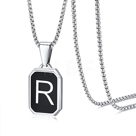 304 Stainless Steel Black Enamel Rectangle with Initial Pendant Box Chain Necklaces WG7737E-25-1