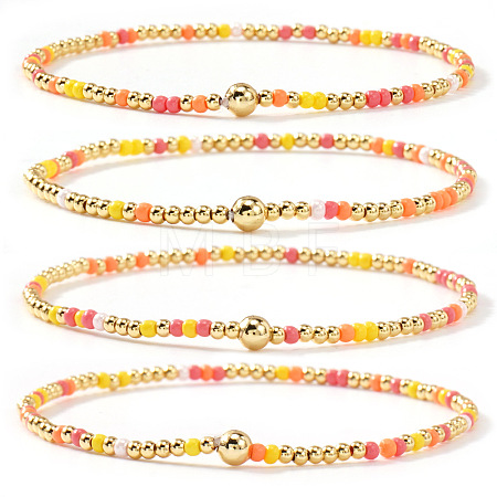 4Pcs Bohemian Glass Seed Bead & Brass Beads Stretch Bracelets for Women DR1565-1-1