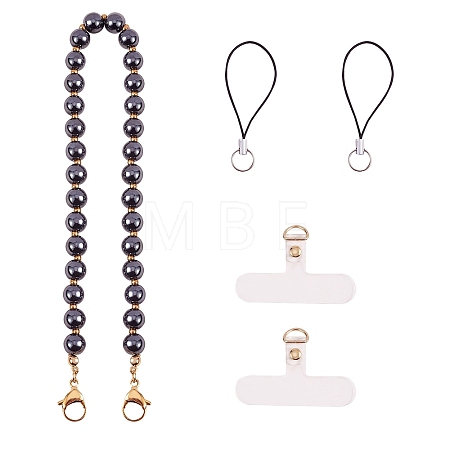 Non-Magnetic Synthetic Hematite & 304 Stainless Steel Round Beaded Mobile Straps HJEW-SW00043-01-1