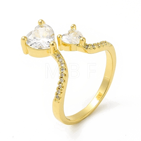 Clear Cubic Zirconia Double Heart Open Cuff Ring RJEW-H120-01G-1
