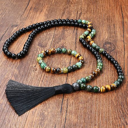 Glass & African Turquoise(Jasper) & Tiger Eye Round Rosaries Beaded Tassel Pendant Necklaces & Bracelets Sets FS-WGB975F-03-1