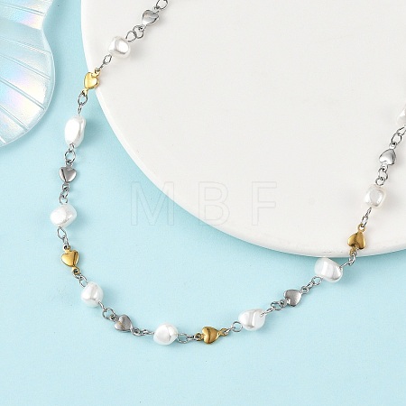 Shell Pearl Nuggets Beads & 304 Stainless Steel Heart Link Chains Necklaces NJEW-JN06363-1