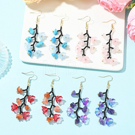 Glass Seed with Natural South Red Agate & Synthetic Turquoise & Natural Rose Quartz Dangle Cluster Earrings EJEW-MZ00726-1
