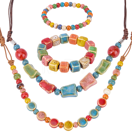 2Pcs Handmade Porcelain Beads Stretch Bracelets for Women SJEW-BM0001-02-1