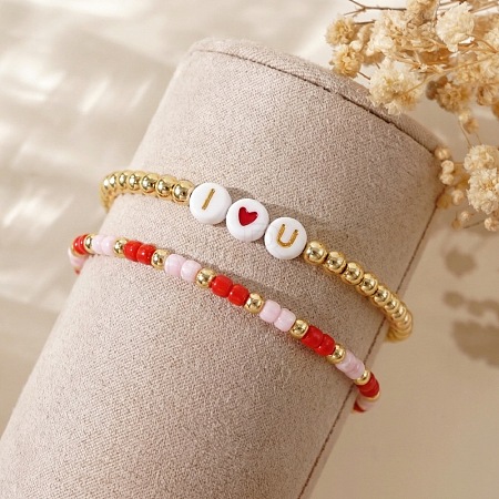 2Pcs 2 Styles I Love You Brass & Acrylic & Seed Beads Stretch Bracelets XD6242-1