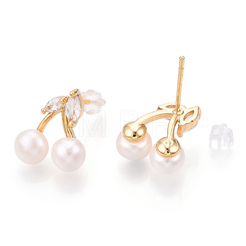 Natural Pearl Stud Earrings with Cubic Zirconia PEAR-N020-05G-1