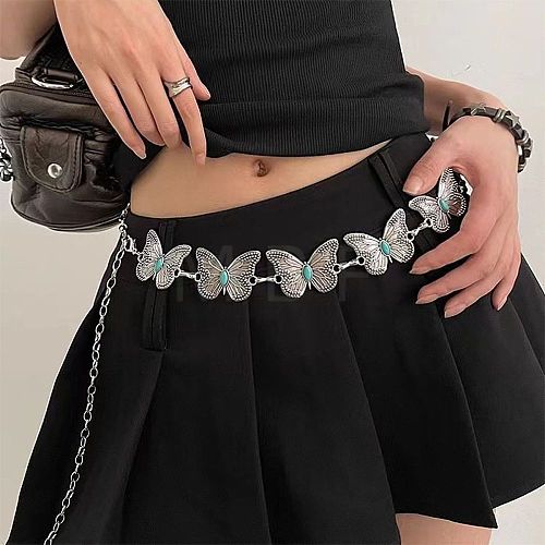 Alloy Pave Synthetic Turquoise Butterfly Link Waist Body Chains WG9C27F-01-1