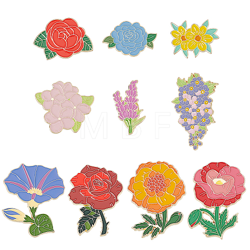 ANATTASOUL 10Pcs 10 Style Birth Flower Enamel Pins JEWB-AN0001-02-1