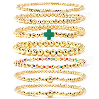 7Pcs Brass Round Beaded Bracelets for Women SB9067-1-1