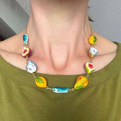 Ocean Resin Fruit Fish Link Chain Necklaces with Alloy Bar Links for Women WG7A601-01-1