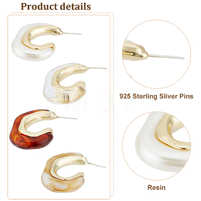 4Pairs 4 Colors Plastic & Resin C-shape Stud Earrings with 925 Sterling Silver Pins EJEW-AN0003-11-1