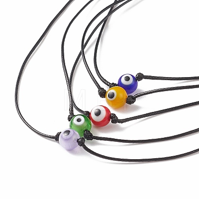 5Pcs 5 Color Lampwork Evil Eye Round Beaded Pendant Necklaces Set with Waxed Polyester Cord for Women NJEW-JN04024-1