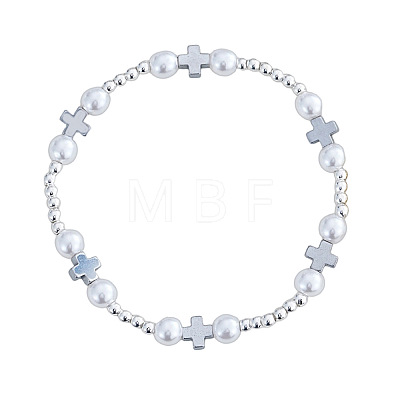 Religious Brass & Iron & Imitation Pearl Beads Stretch Bracelets for Women RY7339-2-1