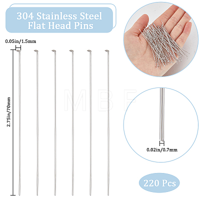 CREATCABIN 220Pcs 304 Stainless Steel Flat Head Pins STAS-CN0001-64-1