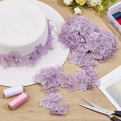 1Pc Polyester Flower Lace Trim with Imitaiton Pearl OCOR-ME0001-48A-1