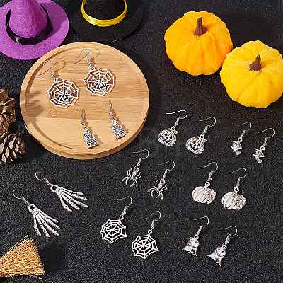 ANATTASOUL 9 Pairs 9 Style Spider & Castle & Witch & Pumpkin Alloy Dangle Earrings for Halloween EJEW-AN0002-92-1