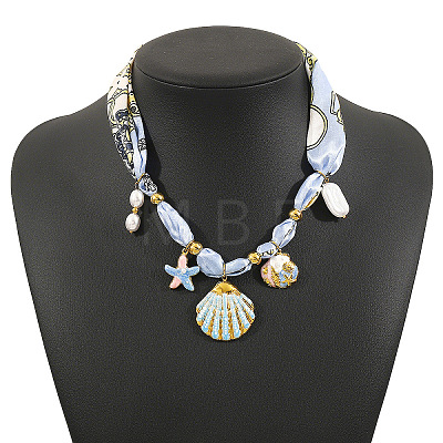 304 Stainless Steel Enamel Pendant Printed Cloth Scarf Necklaces for Women FS-WGDE682-01-1