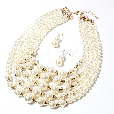 ABS Plastic Imitation Pearl Round Beaded Multilayer Necklaces & Dangle Earrings Sets WGC2095-02-1