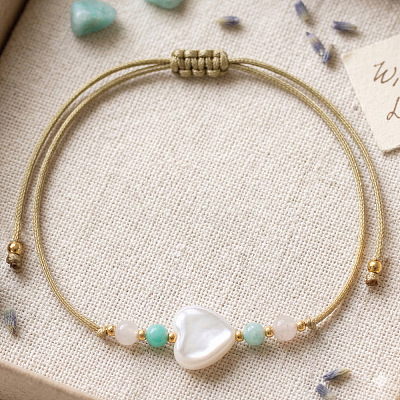 Summer Heart-shaped Faux Pearl Adjustable Braided Bead Bracelets for Daily Wear KQ0143-1