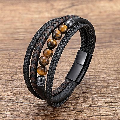 Natural Tiger Eye Round Beads & Braided Imitation Leather Cord Bracelets for Men FS-WGCE7B3-24-1