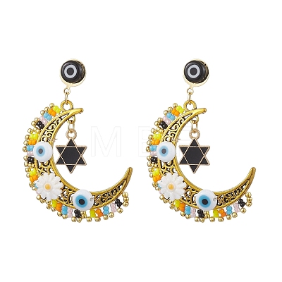 Moon & Star Glass Seed Beaded Stud Dangle Earrings for Women EJEW-MZ00200-1