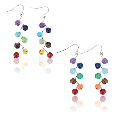 2 Pairs 2 Style Dyed Natural & Synthetic Mixed Gemstone Round Beaded Dangle Earrings EJEW-AN0002-78-1