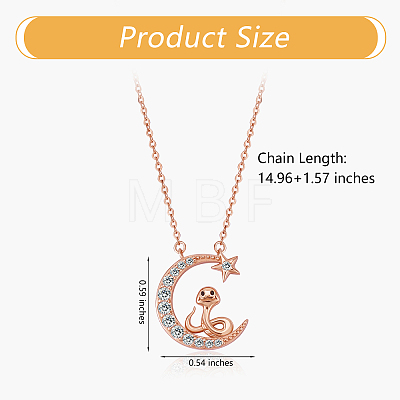 Chinese Zodiac Necklace Snake Necklace 925 Sterling Silver Rose Gold Serpent on the Moon Pendant Charm Necklace Zircon Moon and Star Necklace Cute Animal Jewelry Gifts for Women JN1090F-1