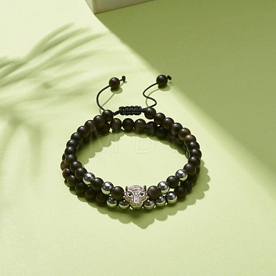 2Pcs 2 Style Natural Obsidian & Synthetic Hematite Braided Bead Bracelets Set with Cubic Zirconia Leopard BJEW-JB08119-03-1