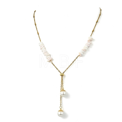 Natural Pink Shell Chip & 304 Stainless Steel Cable Chain Lariat Necklaces NJEW-JN06280-1
